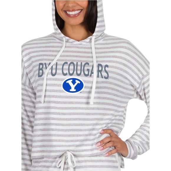 Concept Sports Tops - BYU Cougars Striped Hoodie Pullover in White & Gray